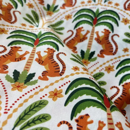 tissu popeline motif tigre palmier inde